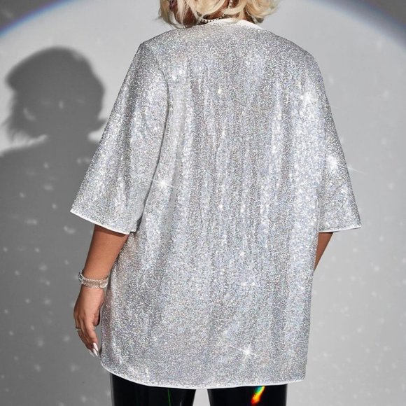 Silver Preppy Womens Plus Slogan Graphic Sequin Tee - Picture 2 of 5